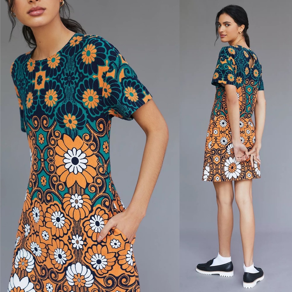 Maeve Anthropologie Floral Shift Mini Dress XS Teal Orange Hippie 70s Retro Mod - Picture 2 of 14